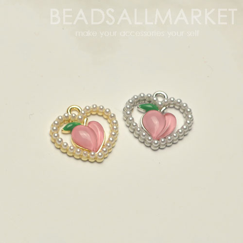 T605  진주라인하트 복숭아 팬던트 [약16x16mm][2color][1개] 과일,heart pendant,